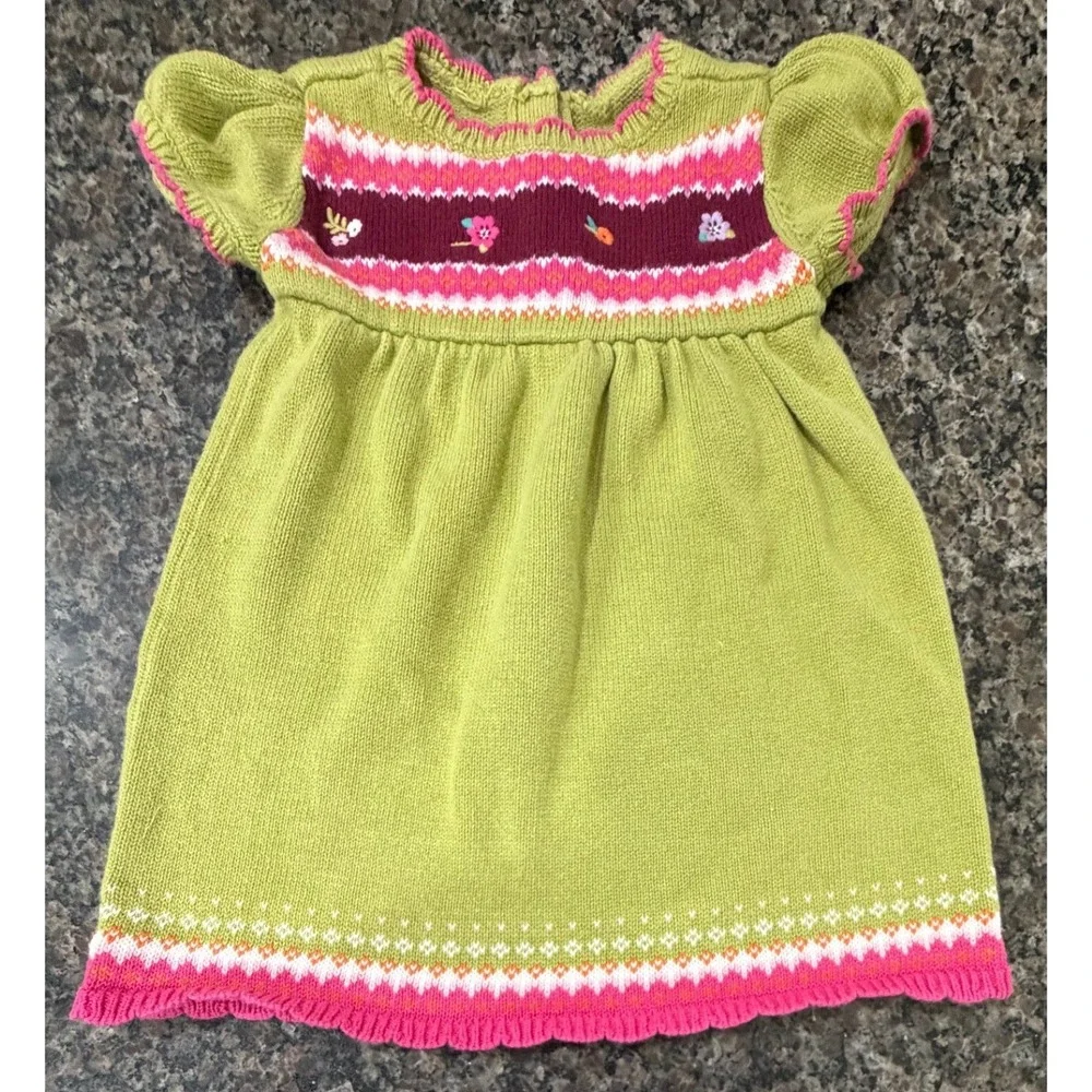 Gymboree Girls Lime Green Knit Floral Fair Isle Sweater Dress 12-18 Months